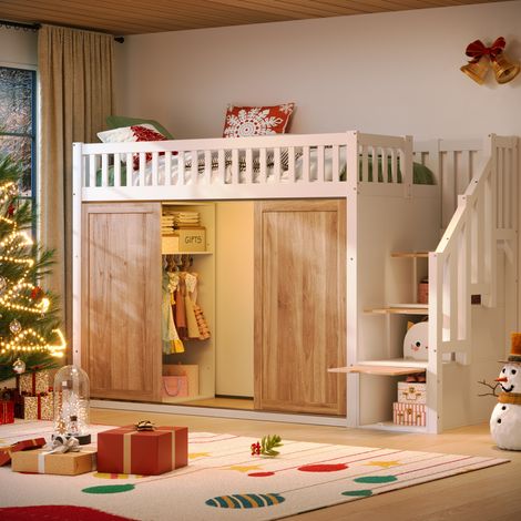 Lit enfant mezzanine 90x200 cm avec armoire et escalier, blanc et chêne HAVRYA (1/5)