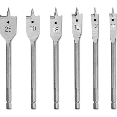 Jeu de 6 Forets Plats à Tige Hexagonale 10-25mm en Acier au Carbone Robuste pour Travail de Bois, Foret Plat Durable Lames pour Coupe Perforer Contreplaqué Plastiques Panneaux Aggloméré (1/5)