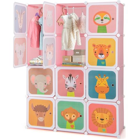 Armadio in plastica per bambini con 12 cubi e ante, rosa