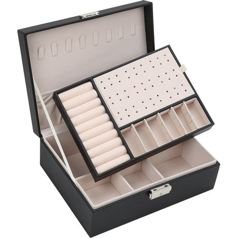 Jiubiaz Boîte à bijoux Coffret à Bijoux Rangement Organiseur à double couche avec serrure Noir Coffret Bijoux Verrouillable Jewelry Stockage