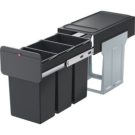 Hailo – Poubelle encastrable tri sélectif 3 compartiments 3x10L – Rails télescopiques – Couvercle amovible – Dimensions 41,8 x 25,6 x 48,6 cm – Plastique recyclé noir (1/10)