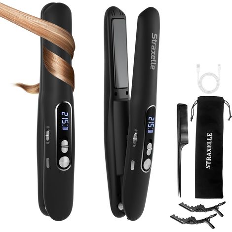 Mini Lisseur Sans Fil et Boucleur Cheveux 2 en 1, Fer a Lisser avec 5000mAh, 3 Températures Réglables 175°C-215°C, Lisseur de Voyage avec écran LED pour Tous Types de Cheveux (1/5)