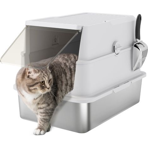 CHICFURN Lettiera chiusa XL per gatti in acciaio inox 60,2x40,2x43,3 cm con paletta (1/5)
