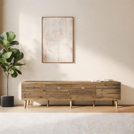 Meuble TV en bois massif pour téléviseur 75 pouces style naturel (1/5)