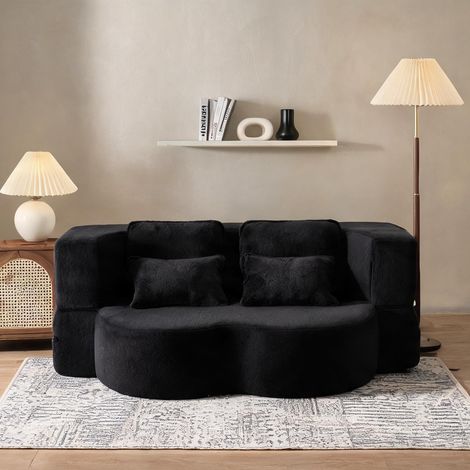 Canapé 2 places noir déhoussable avec matelas et 4 coussins (1/5)