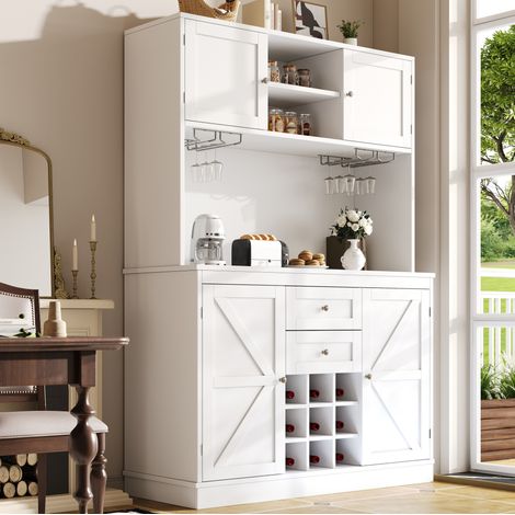 Credenza cucina 120x40x188 cm bianco in MDF e metallo con ripiani regolabili e portabottiglie (1/5)