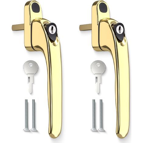 Lot de 2 - Poignée de fenêtre - Aluminium - Verrouillage sécurisé avec clé - Pour fenêtre PVC intérieur et extérieur - Doré - Axe 43 mm (1/5)