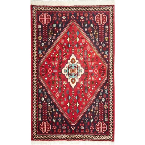 Tapis d'orient 76 x 126 cm, motif oriental, noué main en laine, rouge, bleu et noir, authentique pièce persane (1/5)