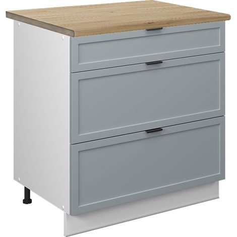 Mobiletto base per cucina Fame-Line, Blu-grigio chiaro, 80 cm con 3 cassetti, PL Rovere, Vicco