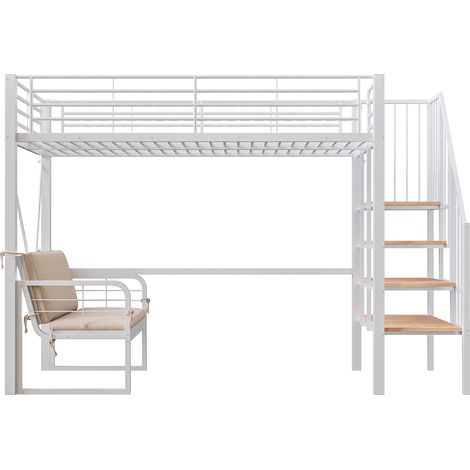 Lit superposé 90x200, lit mezzanine avec canapé déhoussable et escalier de rangement, cadre en métal blanc pour enfants et adultes (1/5)