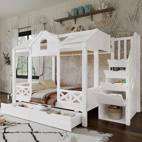 Etagenbett für Kinder 90x200 / 140x200 cm, mit 2 Schubladen auf Rollen - Kinderbett, mit Fenstern und Dach, Treppenschrank - Weiß
