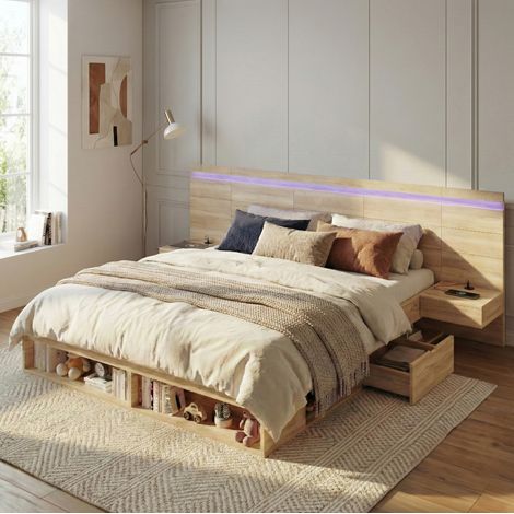 Cama doble con almacenamiento LED y USB natural OKMYHOME (1/5)