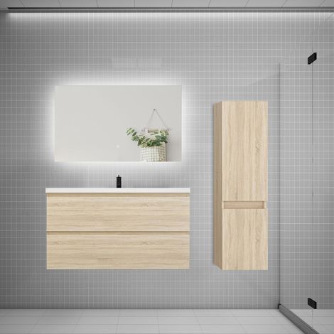 Ensemble meuble de salle de bain et lavabo chêne (L.100cm) 2 tiroirs + meuble haut + lavabo + miroir LED