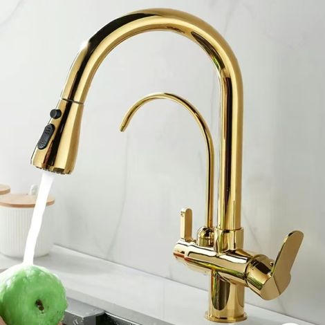 Cross-border all-copper kitchen faucet, pull-out type, hot and cold drinking water, sink and vegetable washing basin 3-in-1 faucet -- zinc alloy heavy-duty titanium model