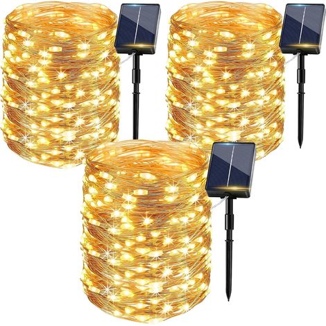 Pack of 3 Solar String Lights 15 m 150 Warm White LEDs, IP65 Waterproof 8 Modes Outdoor Solar String Lights for Garden, Balcony, Fence, Party, Courtyard, Terrace, Christmas, Wedding, Copper Wire (1/5)