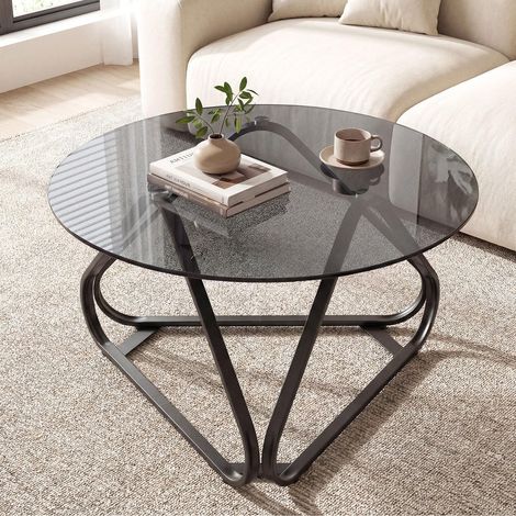 Stabilité et élégance, table basse ronde en verre trempé 80 cm avec structure métal et pieds réglables (1/5)
