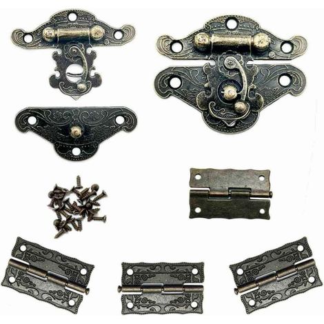 Vtizikl Lot de 2 serrures et 4 charnières vintage pour coffret à bijoux, design antique, avec vis en quantité suffisante, couleur bronze.