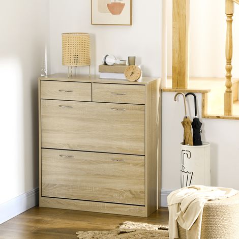 Schuhschrank mit 2 Schubladen und 2 Klapptüren, verstellbarem Einlegeboden, 80 x 30 x 91,5 cm, Griffe aus naturbelassenem Aluminium