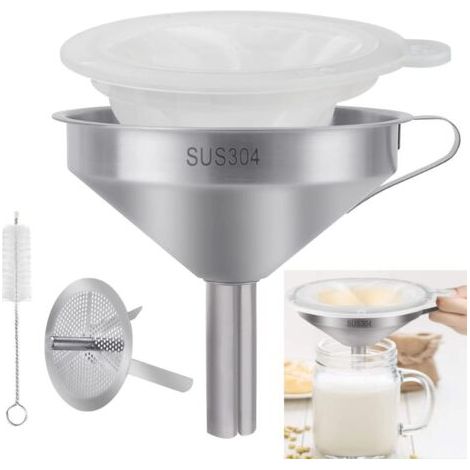 Ensemble de 4 Pièces de Entonnoir cuisine en Acier Inoxydable Entonnoir avec 300 Filtres en Mesh et Filtre Métallique et Brosse Filtre à Alimentaire pour Filtre Huile Accessoire Rhum Arrangé (1/5)