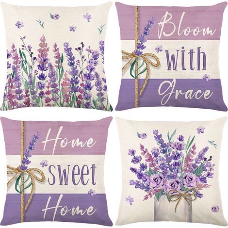 Lot de 4 Housse de Coussin Fleur 45x45 cm,  Peint à la Main Fleur Violette Feuilles Vertes canapé Housses de Coussin décoratives Lavable Lin Textile extérieur ameublement taie d'oreiller
