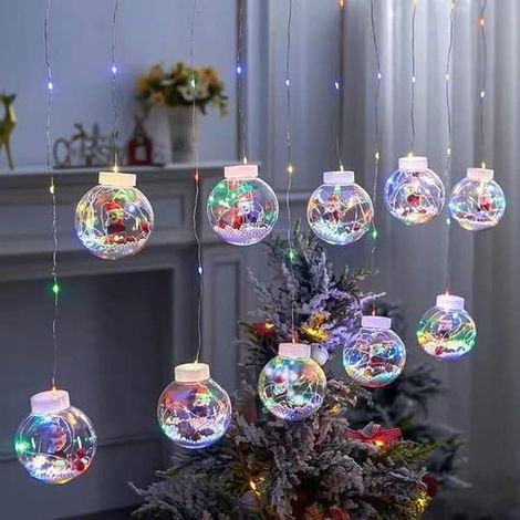 Guirlande lumineuse de Noël avec boules porte-bonheur - Père Noël, bonhomme de neige, guirlande rideau pour décorer vos fenêtres, intérieur/extérieur, étanche, idéale pour terrasse et jardin. (1/3)