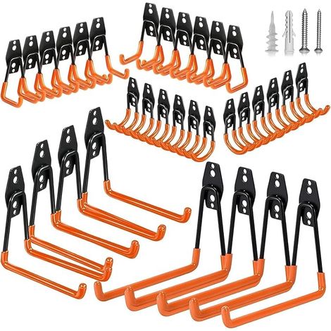 Kit 32 Crochets Rangement Garage Porte Outils Mural Robuste, Noir Support mural pour outils, vélos, échelles, tuyaux et outils de jardin, avec vis et revêtement antidérapant (1/5)