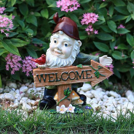 Figurine de gnome en résine pour panneau de bienvenue créatif, statue de jardin imperméable et durable, imperméable (1/4)