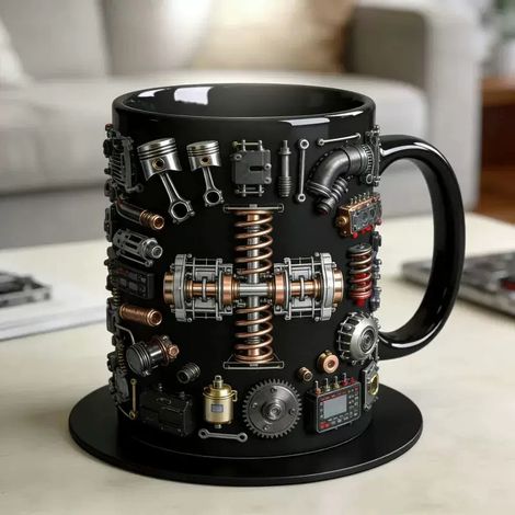 Neu eingetroffen Personalisierter Becher mit Motorenteilen-Motiv, Herren-Trinkflasche im Mechaniker-Look, technisches Design – D – 325 ml