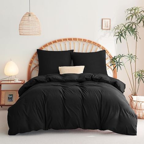 Single Duvet Cover 1 Pillowcase 65 x 65 cm Bed Linen 140 x 200 cm for 90 x 190 cm Bed with Zip Microfibre Duvet Cover Sets Black 140 x 200 cm (1/5)