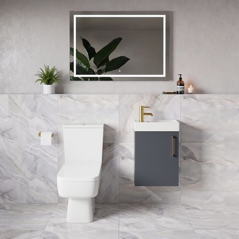 Napoli Cube Gloss Grey 400mm Single Door Wall Mounted Vanity Unit and Toilet Suite with Align Basin - 400mm - Brushed Brass 160mm Handle
