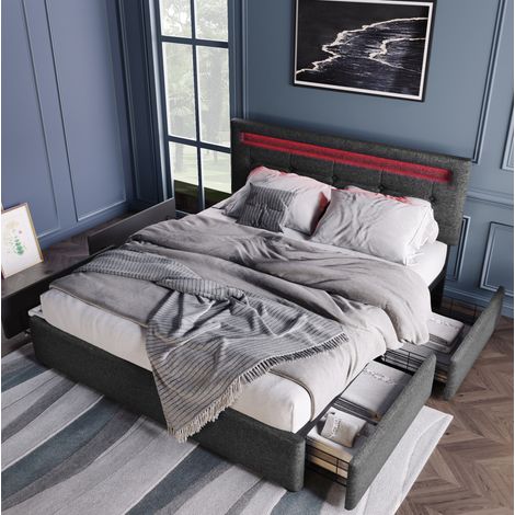 Cama tapizada moderna 140x200 cm gris con cabecero LED regulable, 4 cajones y somier de láminas de madera (1/5)