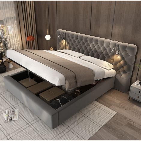 MODFU – Letto contenitore 160x200 cm con sollevamento idraulico, lampada da lettura, rete a doghe e rivestimento in velluto – Grigio (1/5)