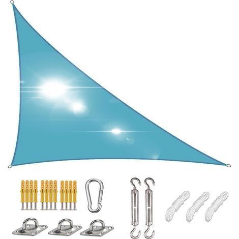 Voile d'ombrage Triangulaire 3x4x5m, Voile de Soleil Droite Triangle, Toile Solaire Impermeable, Toile Impermeable Tissu Oxford pour Terrasse Auvents avec Le Kit de Fixation, Bleu lac (1/5)
