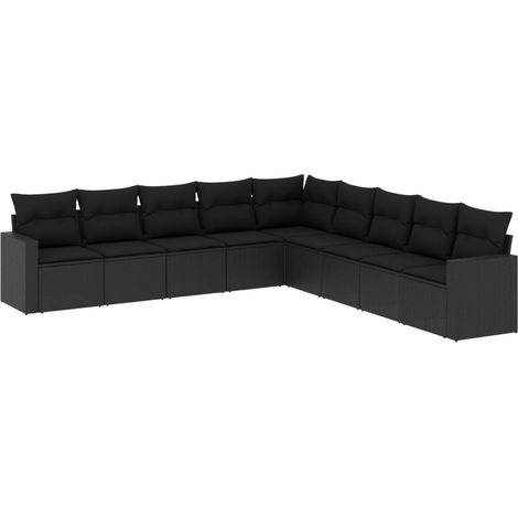 Salon de jardin 9 pcs avec coussins noir résine tressée (1/3)