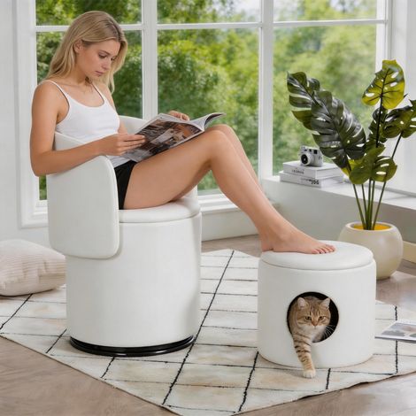 Fauteuil tonneau pivotant 360° velours rangement intégré, fauteuil coiffeuse chambre salle à manger salon moderne