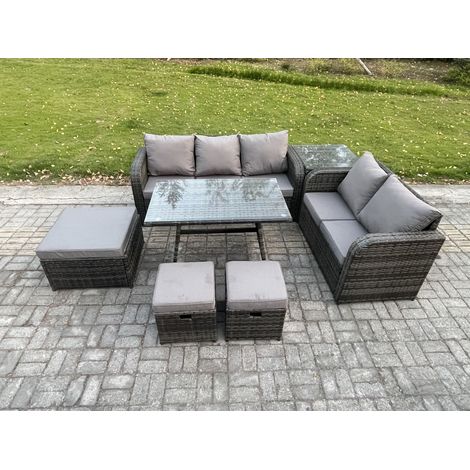 Fimous Rattan Garden Furniture Dining Set 8 seater Patio Rectangular Table 3 Footstools Love Sofa Side Table Dark Grey Mixed (1/5)
