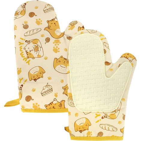 Gant Four Anti Chaleur, Coton et Silicone Gants de Four pour la Cuisson Mignon Gants de Four Micro - Ondes de Cuisson avec Crochet 1 pièces (Jaune) (1/5)