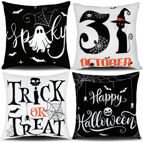 Fundas de cojín con decoración de fantasmas de Halloween, 45x45 cm, juego de 4, diseño de gato negro gótico terrorífico, para sofá, Navidad, fiestas y exteriores. (1/5)