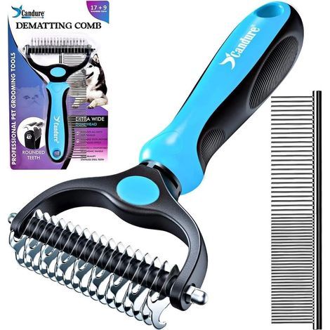 - Dog Brush - Grooming Rake - Double-Sided Teeth 17&439 - Removes Knots and Undercoat - For Long-Haired Dogs and Cats - Azul (1/5)
