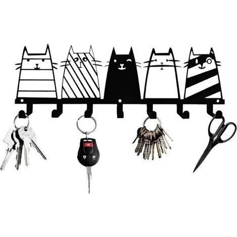 Porte clef mural, Accroche clef mural, Porte-clés mural multifonctionnel noir, Porte clés mural en métal, Avec 7 crochets à clés,Convient aux chambres, entrées, garages (Chat) (1/5)