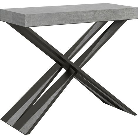 Console extensible bois gris effet béton et pieds croisés métal 40 à 196cm Diair-Support 2 pieds-3 rallonges fines (1/5)