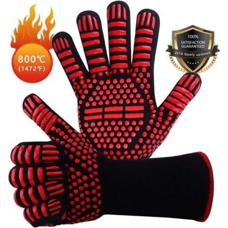Guantes de silicona antideslizantes para barbacoa, conformes a la norma EN407, para barbacoa, horno, cocina resistente al calor, chimenea, hasta 800 °C - Rojo (1/4)