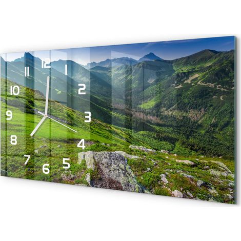 Horloge Murale Salon 60x30 cm Panoramique Verre Trempé Décoration Murale Crépuscule dans les montagnes (1/5)