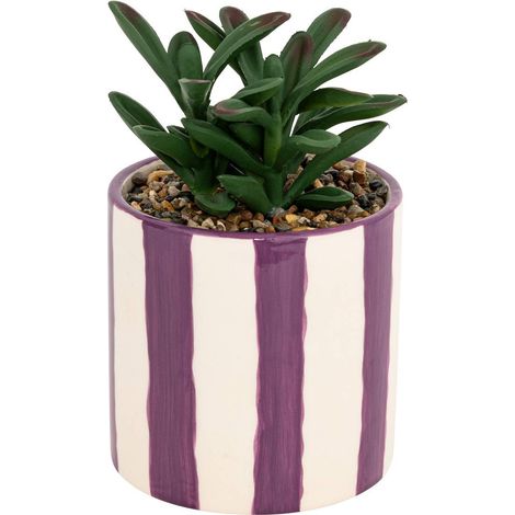 Plante grasse artificielle dans un pot en céramique à rayure mauve H 16.5 cm - Atmosphera (1/3)