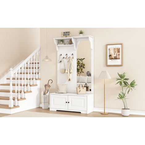 Flurgarderobe 100x40x180 cm Weiß MDF mit Spiegel, 5 Haken, 2 Schränken und Schuhbank (1/5)
