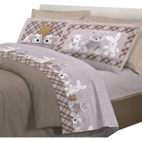 Completo letto flanella Peluche 3 misure, colori atossici Made in italy Beige - Piazza e mezza