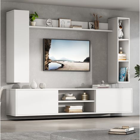 Mobile TV sospeso 180x35x33,5 cm in pannelli di legno bianco, salvaspazio per soggiorno FloraGrace (1/5)