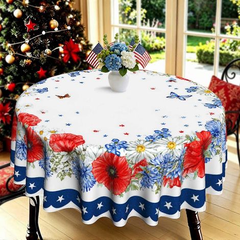 Nappe ronde vintage à motif floral aquarelle et étoiles patriotiques (1 pièce) Idéale pour la cuisine, la salle à manger, la terrasse, le jardin et les fêtes. Un cadeau parfait pour Noël. (1/4)