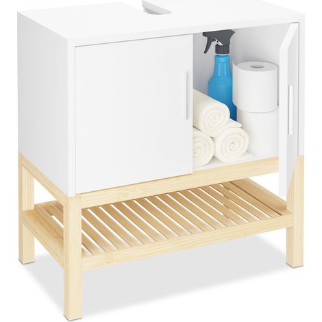 Relaxdays Mueble de Baño Bajo Lavabo, Armario Pila Hueco para Sifón, Balda, Bambú y MDF, 60,5x60x33cm, Blanco/Natural