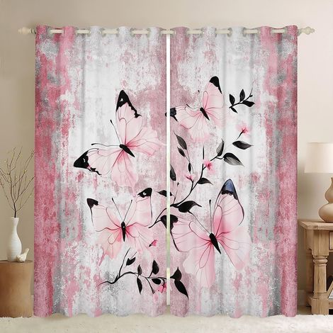 Rideau Occultant 140x260 cm Peinture À l'huile Abstraite, Rideau Ferme Rustique, Rideaux Voilage Papillon Aquarelle, Voilage Fenetre Papillons Roses Ombre pour Chambre Salon - 140L X 260H cm (2 Pannea (1/5)